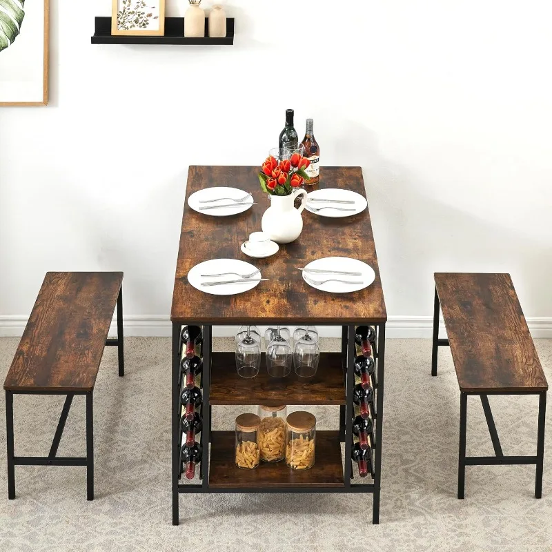 Dining Table Set for 4, Kitchen Table Set for 4 with 2 Benches, Rectangular Dining Room Table Set with Wine Rack, 3 Piece Dinin