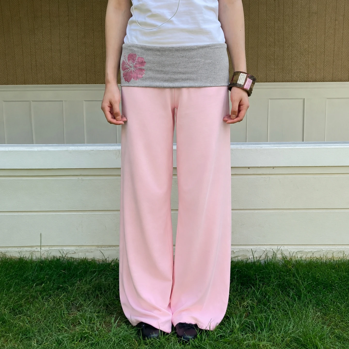 Women Y2K Contrast Fold Over Waist Flare Leggings Low Rise Wide Leg Stretch Yoga Pants Casual Loungewear Streetwear Trousers