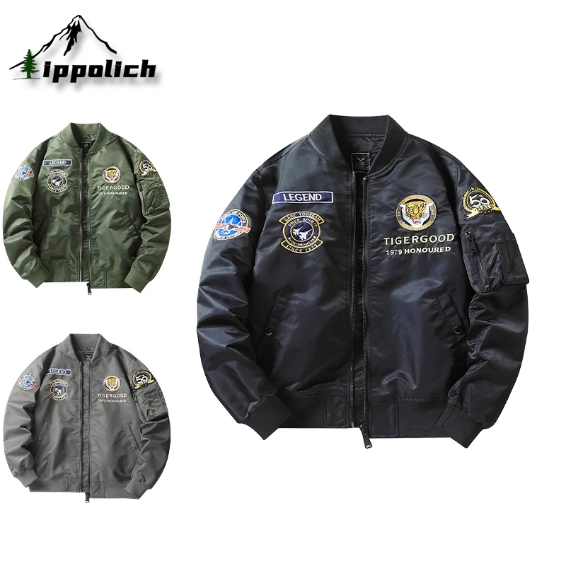 IPPOLICH Men's Spring And Autumn Casual Jackets MA-1 American Overalls Pilot Outerwear Tactical Embroidered Flight Suit Coats