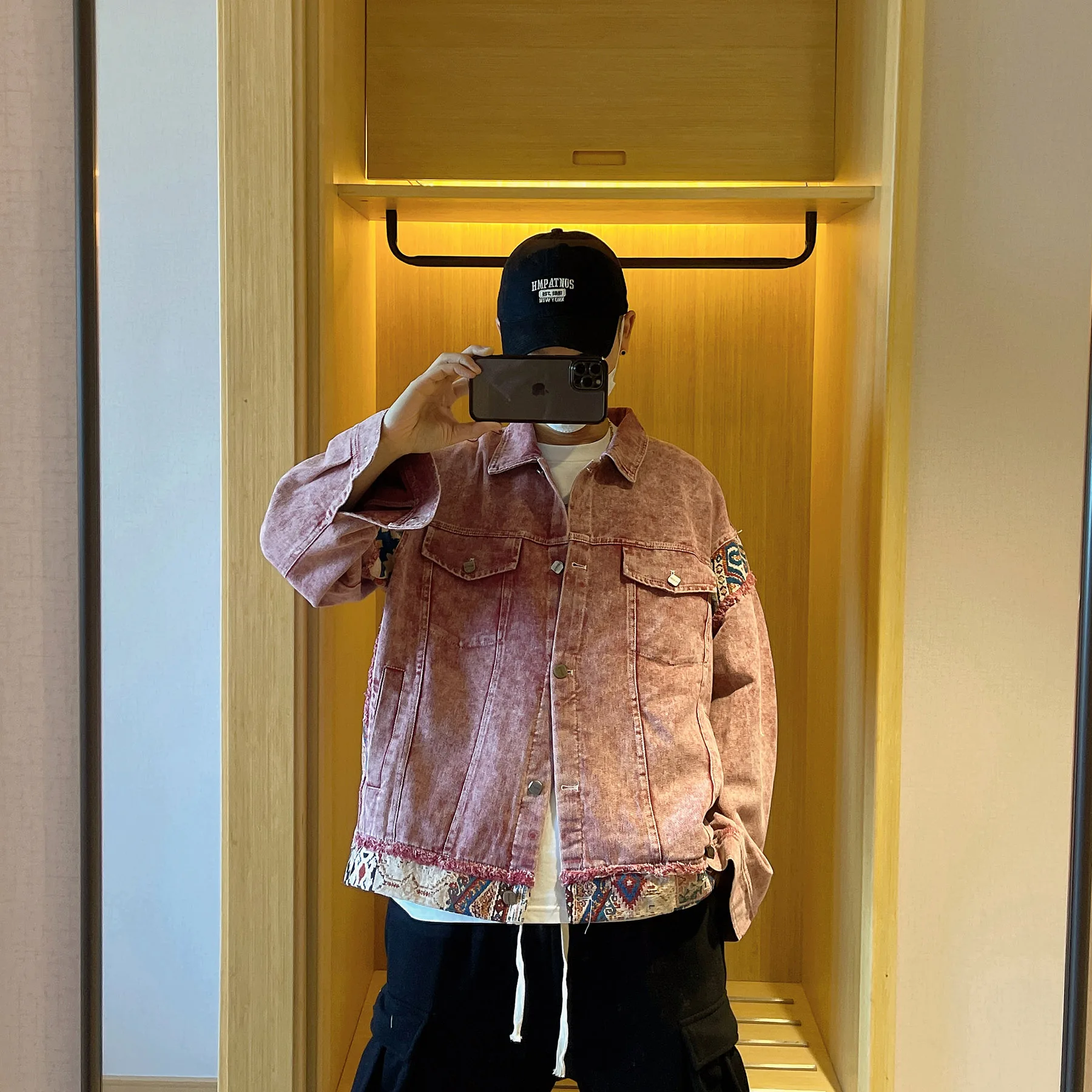 

Waed Denim Jaet American Retro Patchwork Men's Trendy Outerwear Autumn Season Polyester Fiber Long Sve Collar Design