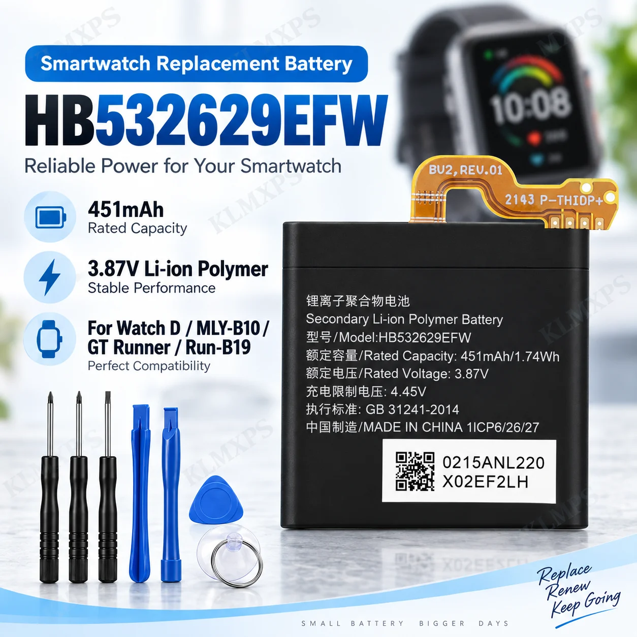 HB532629EFW 451mAh Battery Replacement for Watch D MLY-B10 GT Runner Run-B19 Li-ion Polymer Rechargeable Battery