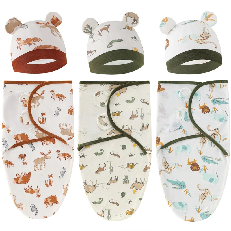 

2Pcs/set Newborn Baby Blanket Swaddle Wrap Hats Cartoon Animal Print Sleeping Bag for Babies Cotton Adjustable Infant Stuff 0-6M