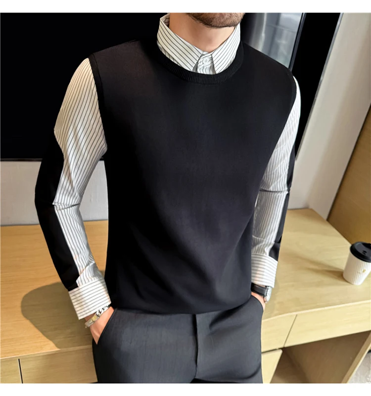 Men Autumn Winter Patch Design Fake 2 Piece Knitted Striped Shirt Collar Spliced Casual Pullover Sweater M13