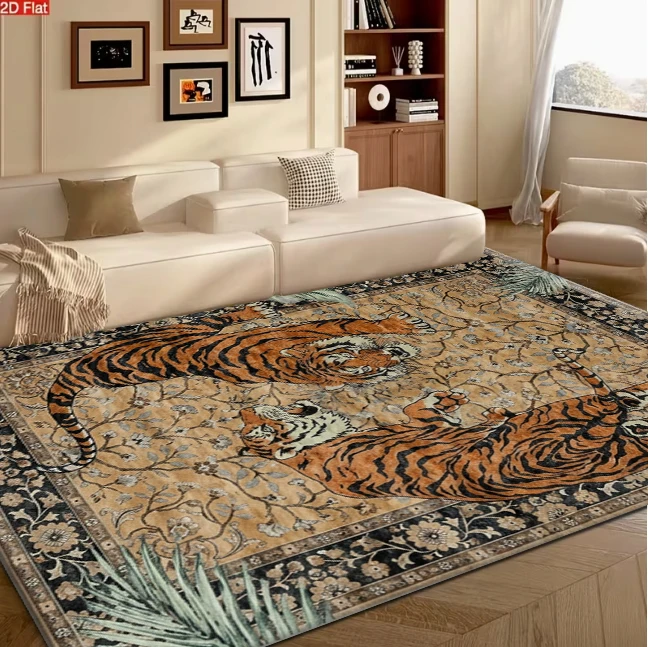 Vintage Exotic Tiger Floral Border Carpet Flooring Retro Animal Square Area Rug Home Living Room Bedroom Decor Rug