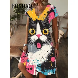 Tie Dye Colored Animal Cat Print Women Dress New 2025 Summer Casual A-Line Dress Loose Short Sleeve V-neck Dress Ladies Clothing
