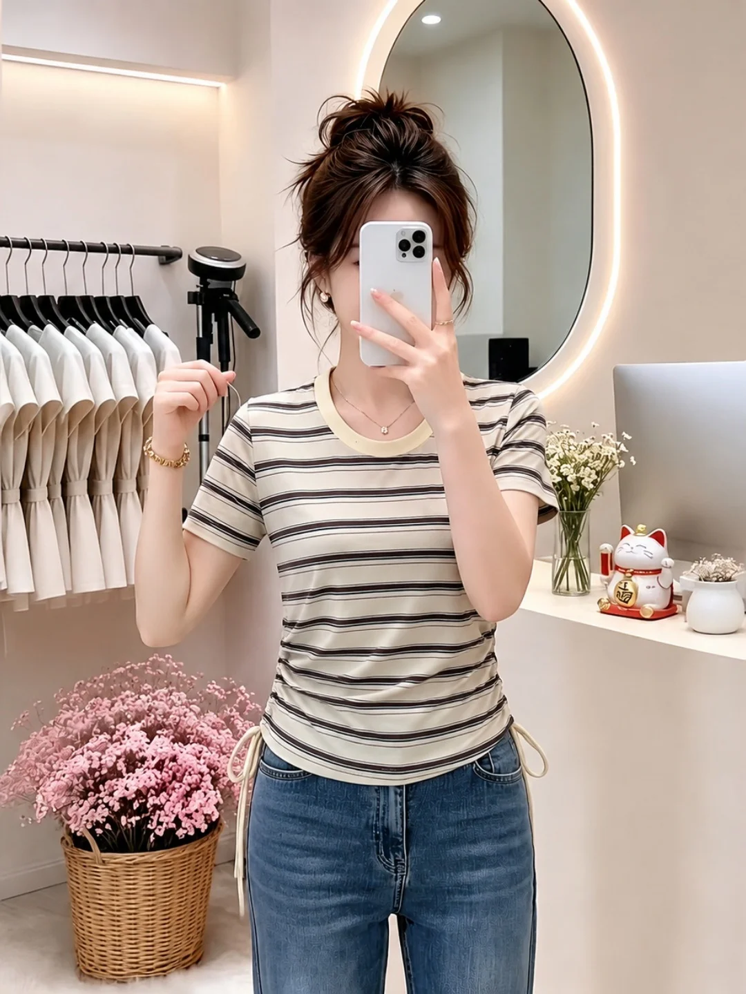 

Korean Style Striped Drawstring Short Sleeve T-Shirt round Neck Overhead Slim Fit Commute Wind Summer Fashion Versatile Design