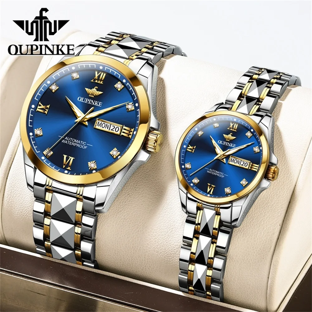 OUPINKE 3262 ساعة ميكانيكية للأعمال للزوجين فاخرة أصلية بتقويم مزدوج مقاومة للماء ساعة يد ماسية بمقياس ماسي ساعة مضيئة