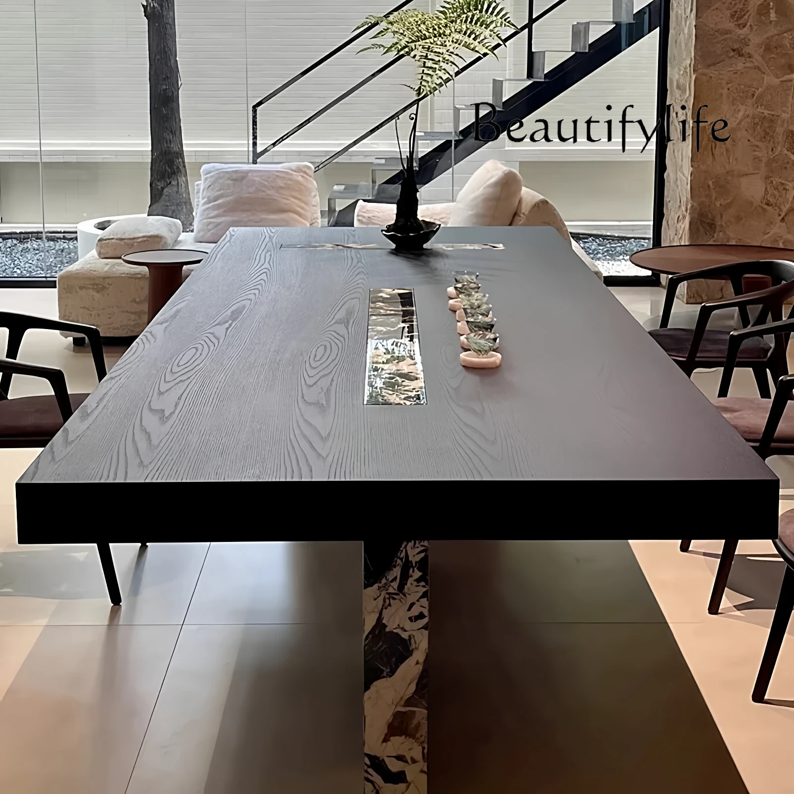 Italian minimalist solid wood designer villa simple marble tea table black and white flower creative dining table advanced