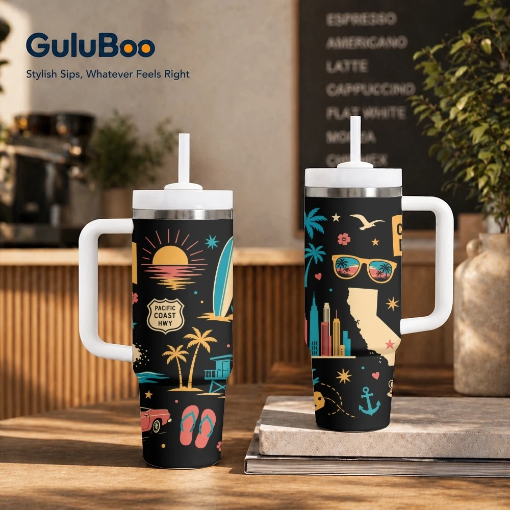 Hollywood California Travel Collage Vacuum Flasks 40oz Stainless Steel Insulated Tumbler Handle & Straw Leakproof Travel Mug