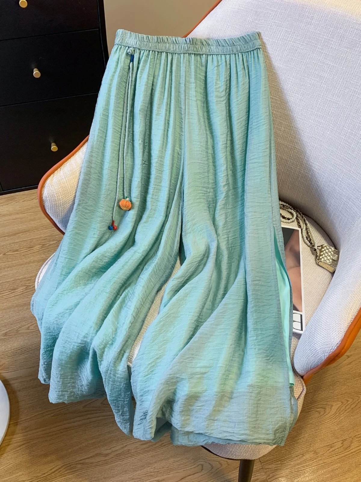 Pantaloni estivi a gamba larga in cotone e lino sottile Pantaloni casual drappeggiati da donna Dimagranti Fairylike Spacco laterale dritto Vita alta T lungo per il tempo libero...