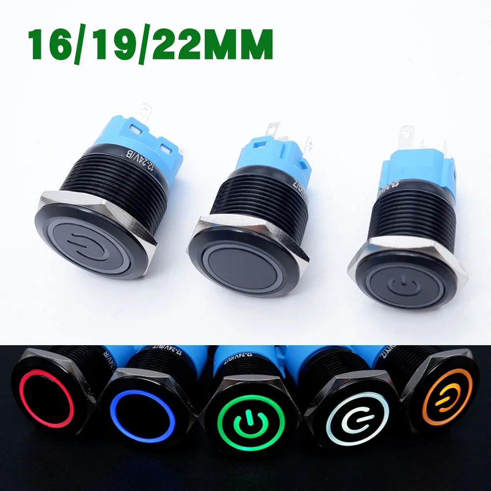 

Black Push Button Switch Circular Power Symbol Led Light 16/19/22mm Waterproof Illuminated Metal Latching Momentary 5V 12V 220V