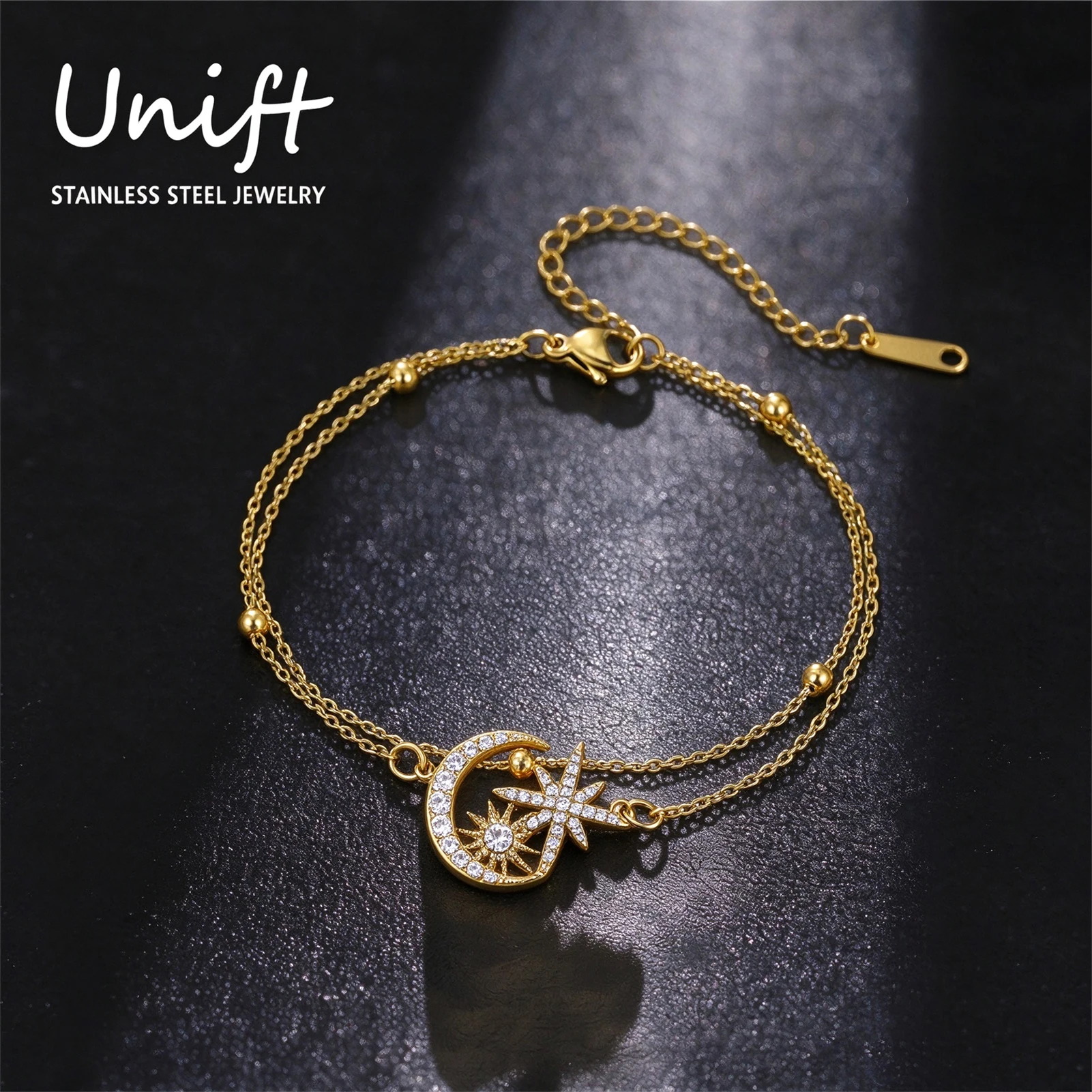 Unift Shiny Moon Star Bracelet for Women Double Layer Bead Chain Bracelet with Zircon Charms Gold Color Stainless Steel Jewelry