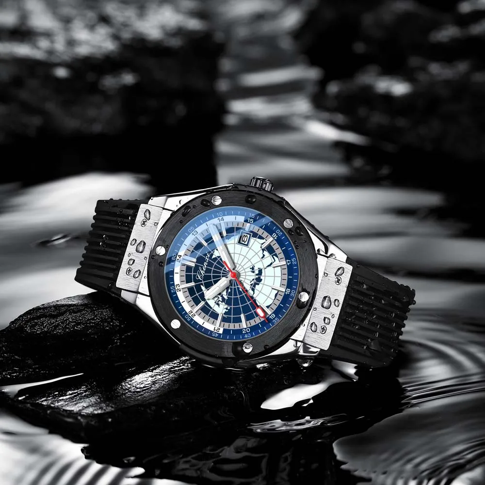 CHENXI Rivet Map Fashion Men's Watch with Date, Luminous Silicone Strap, Trendy Quartz Wristwatch relojes para hombres