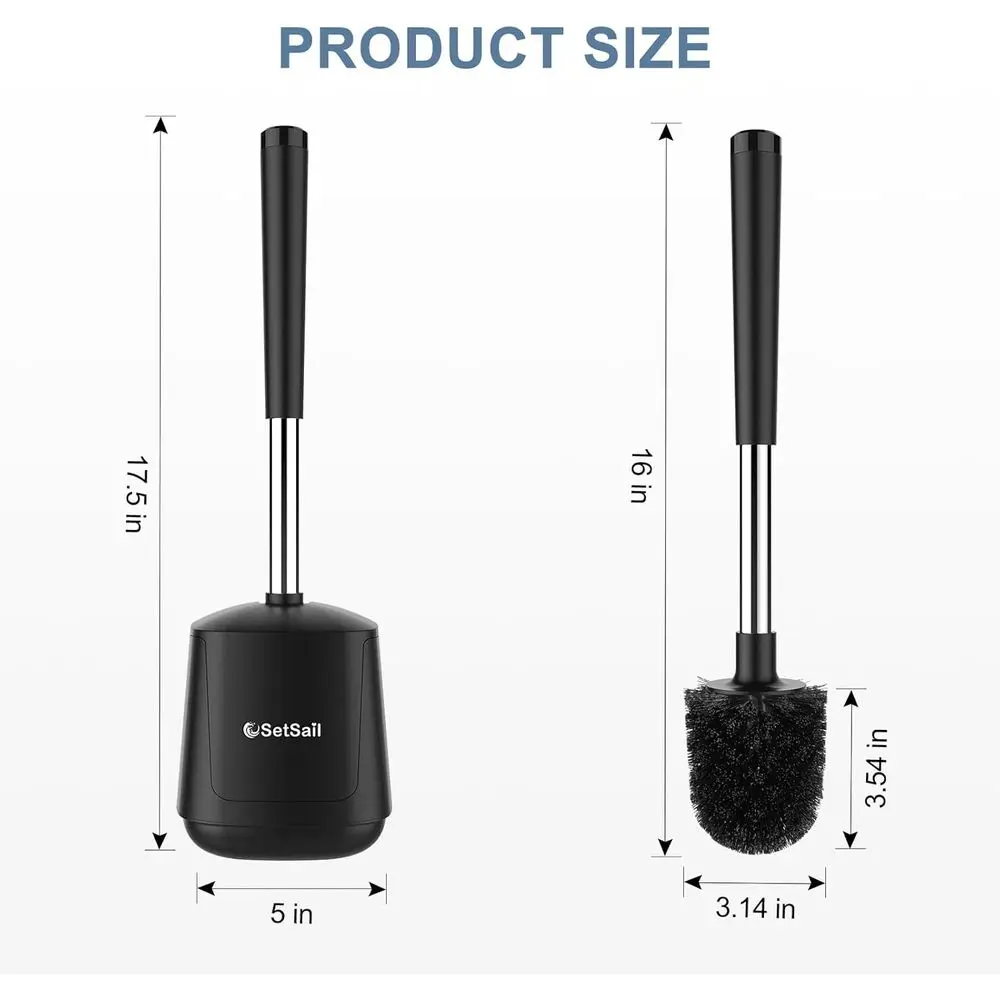 Closing Lid Toilet Bowl Brushes Holder and Extra Long Handle Ventilated Toilet Brush Set, Nylon Bristles, Black view 2