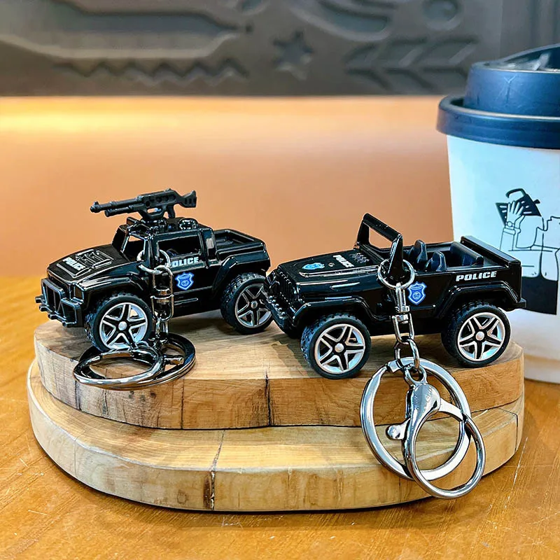 Creative Military Police Car Toy Keychain Pendant Simulation Tank Car Fun Pull Back Car Stress Relief Toy Bag Hanging Small Gift