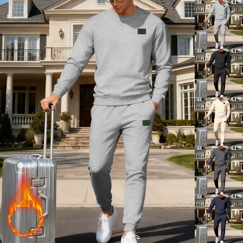 

Men's Loose Fit Fleece Lined round Neck Sweatshirt Set Heavyweight Casual Autumn Winter Warm Comfortable Sportswear Ensemble