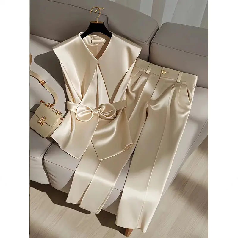 Fashion Satin Celebrity Outfits Elegant OL Peter Pan Collar Bow Sleeveless Vest + High Waist Wide Leg Pants Two Piece Set