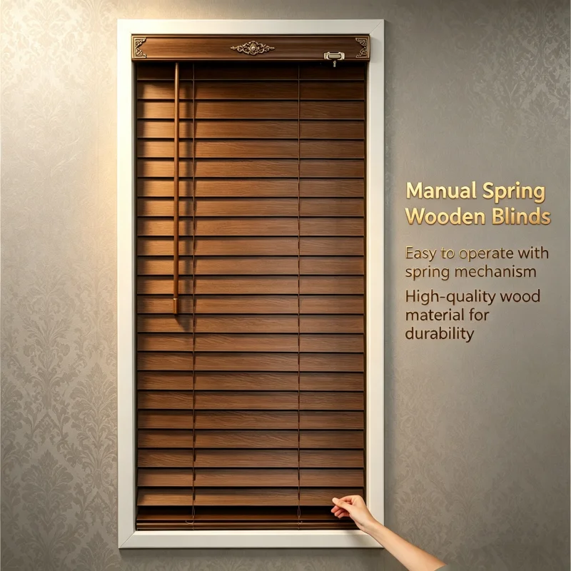 High Quality Manual Spring Adjustable Light Solid Wood American Style Standard Made Wooden Blinds  For The Living Room.