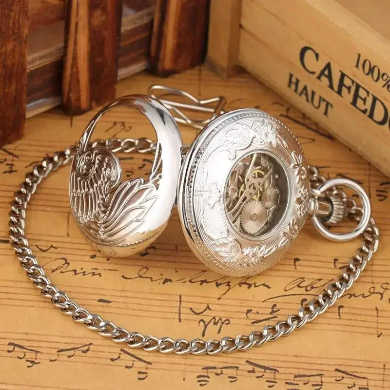 Silver Hollow Phoenix Mechanical Hand Wind Pocket Watch Half Hunter Hollow Skeleton Watch Pendant Fob Chain Clock Hours Gifts