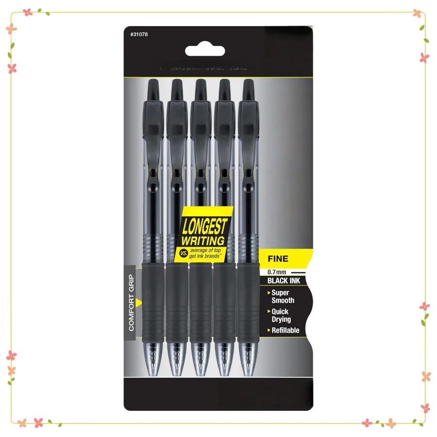 Gel Roller Pens 0.7mm Black - 5 Pack Fine Point Smooth Ink Pens for School, Office & Note Taking