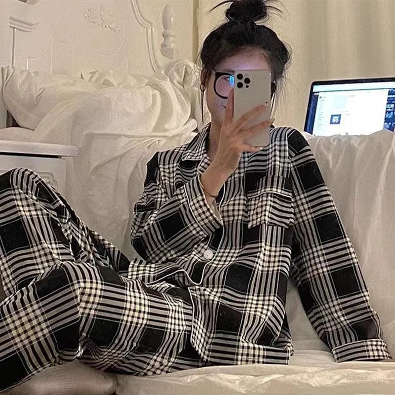 

Стильные женские пижамы, комплекты из двух предметов, весенне-осенняя новая женская домашняя одежда, костюм, женский придворный стиль, клетчатая длинная одежда для отдыха, домашняя одежда
