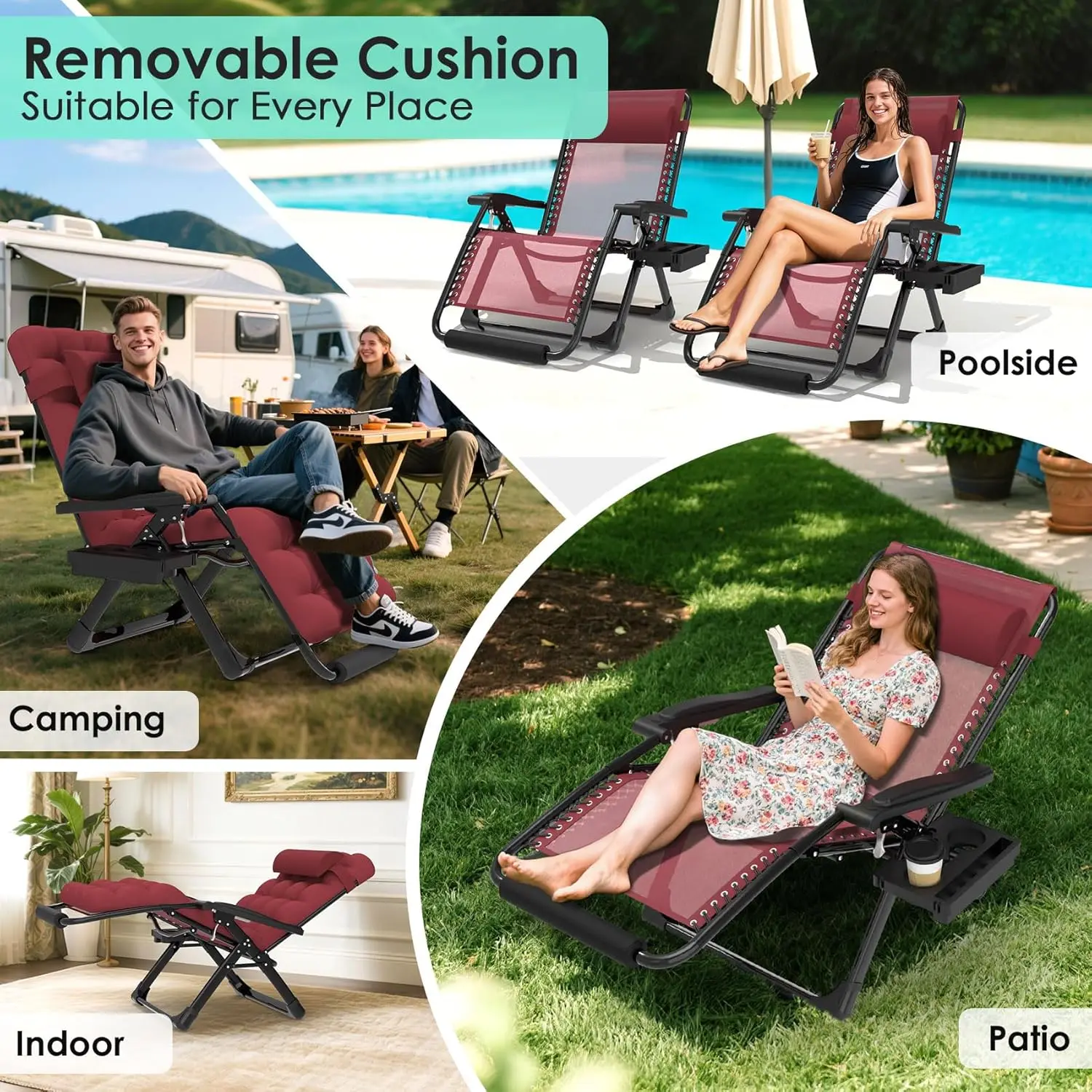 كرسي صالة كبير الحجم بدون جاذبية، كرسي صالة مقاس 29 بوصة مع وسادة ومسند للرأس قابل للإزالة، كرسي تخييم مستلق مع قفل مطور #3