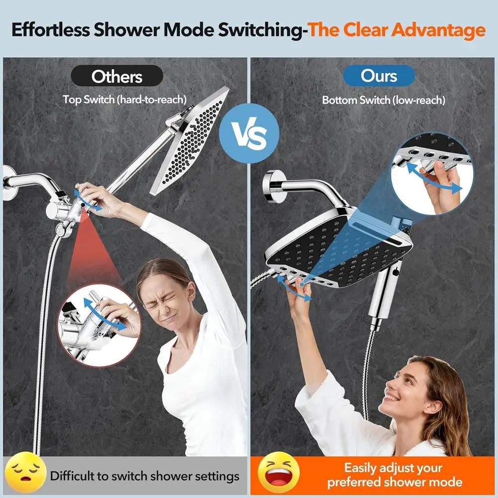 رأس دش مزدوج محمول مقاس 10 بوصات مع 7 أوضاع للرش وخرطوم من الفولاذ المقاوم للصدأ #3