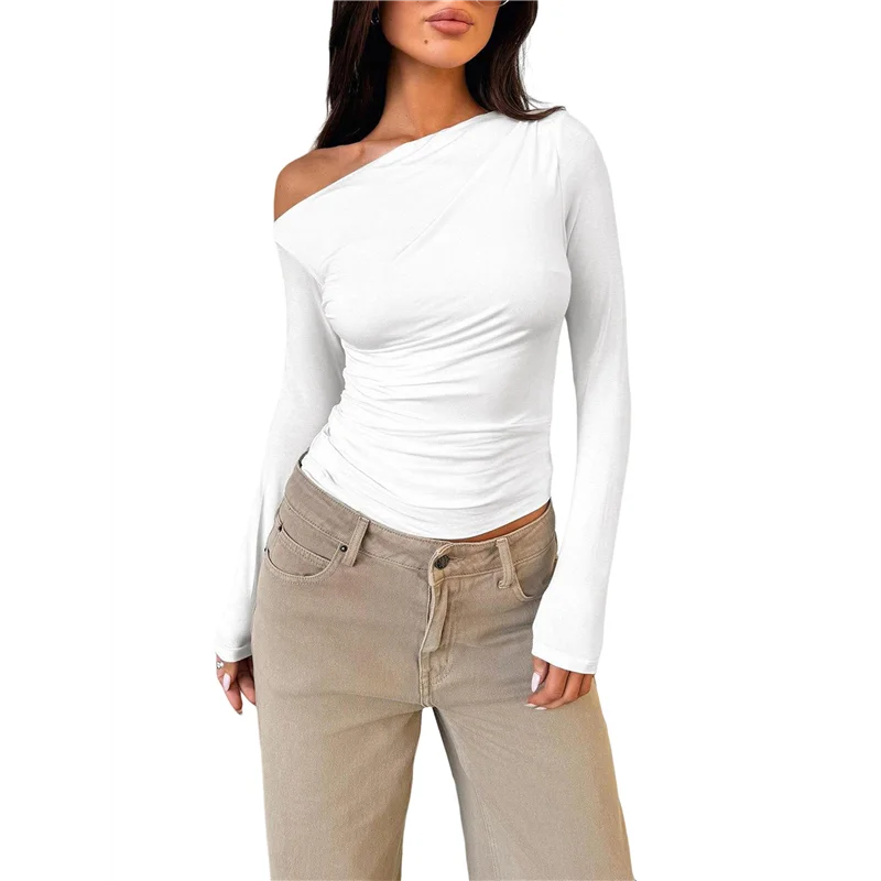 FX-Women's Off Shoulder Tops Dressy Long Sleeve Asymmetrical Slim Fit Going Out Fall Blouse Ruched Shirts