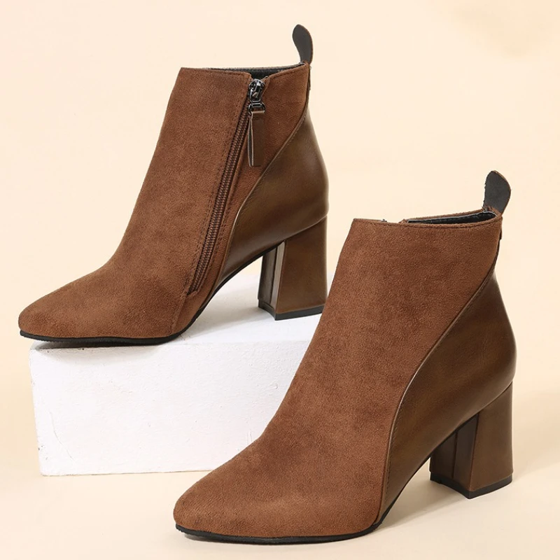 

New Women Ankle Boots Luxury Suede Leather Boots for Women Pointed Toe Side Zipper Short Boots Fashion Designer Women High Heels