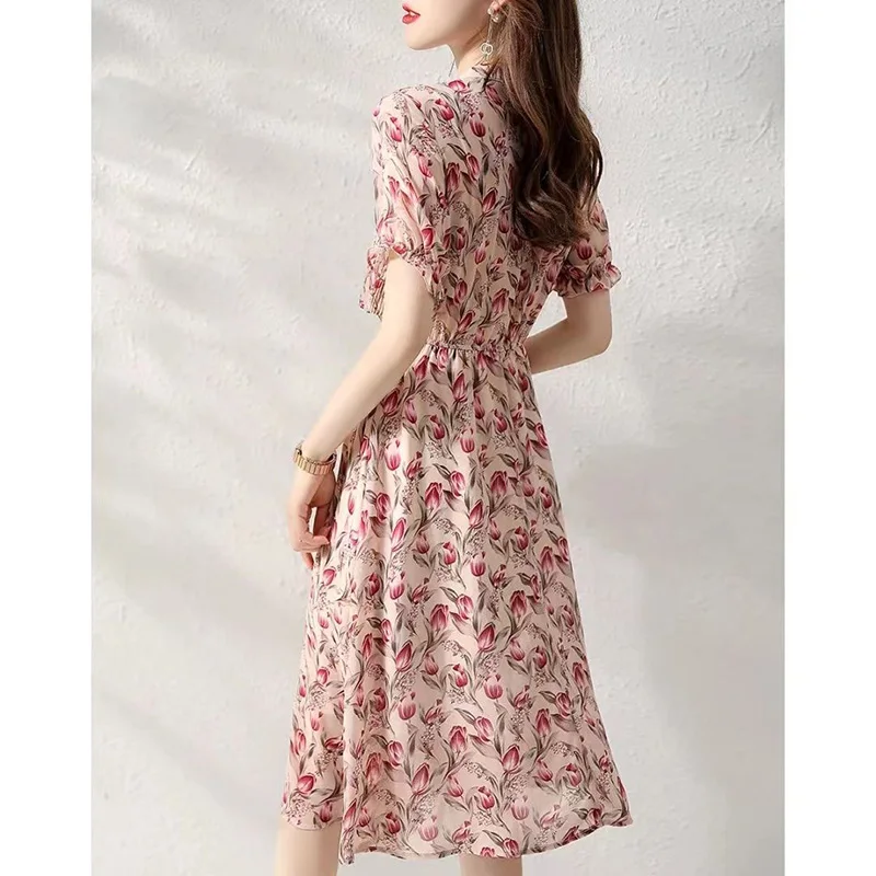 Elegant V-Neck Button Spliced Loose Ruffles Folds Midi Dress Women's Clothing 2023 Summer New Puff Sleeve Korean Floral Dress