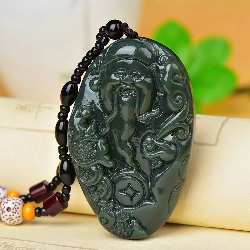 Hetian Green Jade Auspicious Fortune God , Fine Material Pendant, Square Ornament