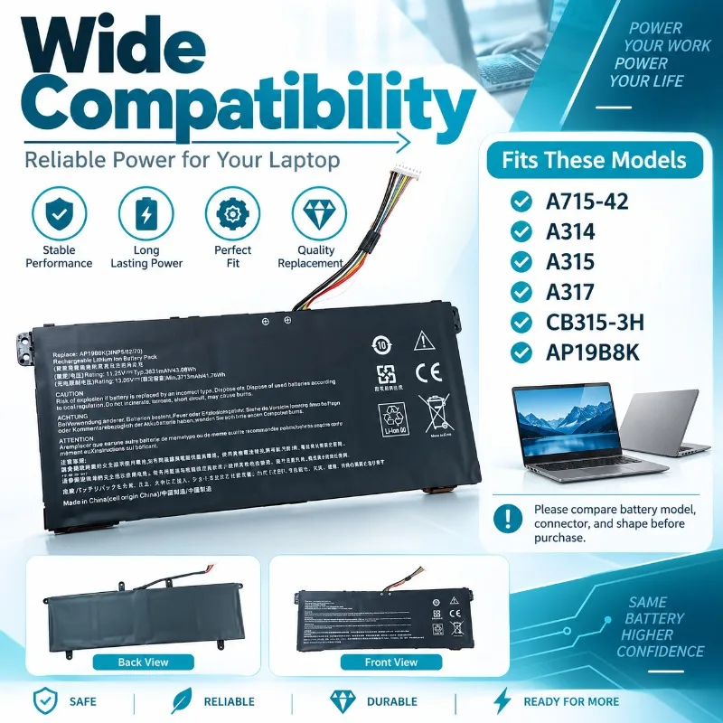 AP19B8K Laptop Battery Replacement High Capacity for Acer A715-42 A314 A315 A317 CB315-3H Notebook Battery Stable Power Supply