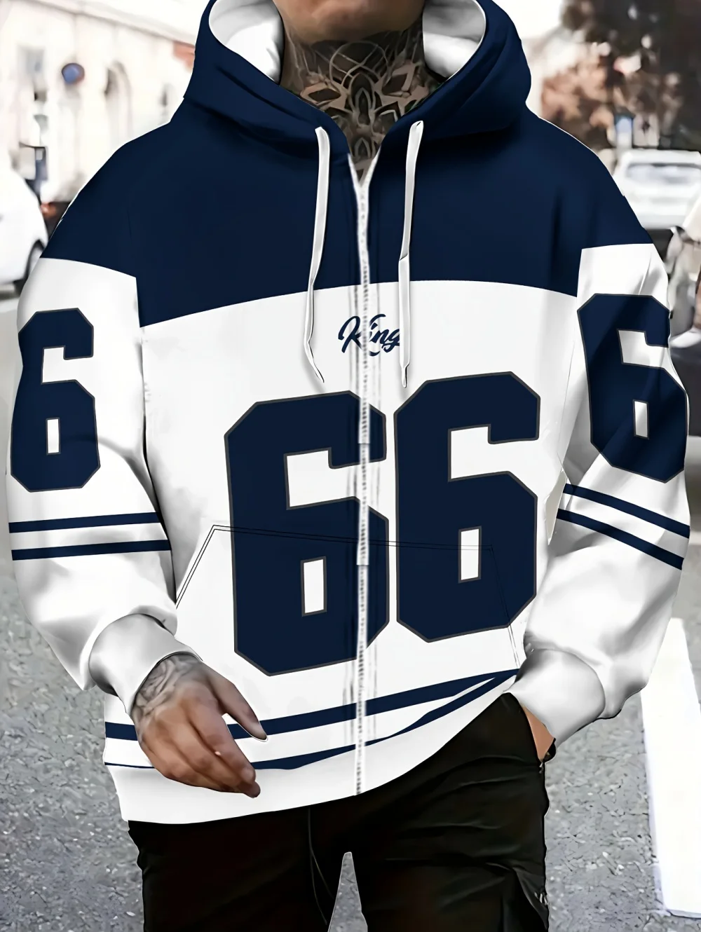 

Hoodie for Man Simple Blue White Printing Drawstring Pocket Design Long Sleeve Tops Casual Outdoor Street Trendy Zip up Hoodies