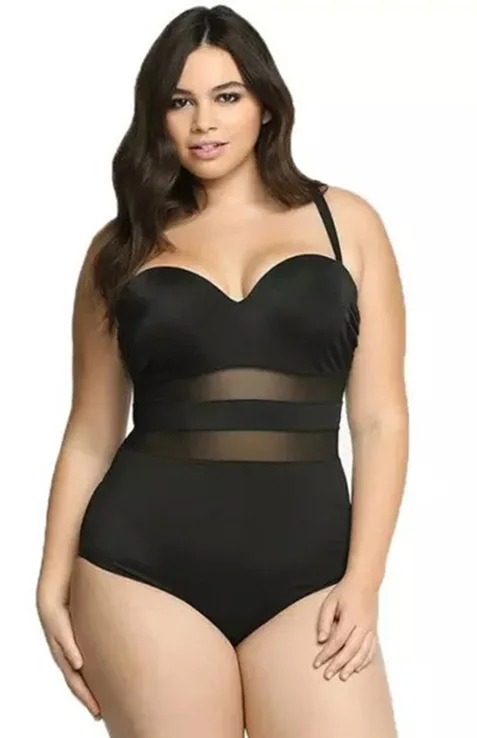 Plus Sizes Swimwear 2021 One- Piece Push Up High Waist Crisscross Mesh Solid Color Monokini Swimsuits For Women Maillots De Bain