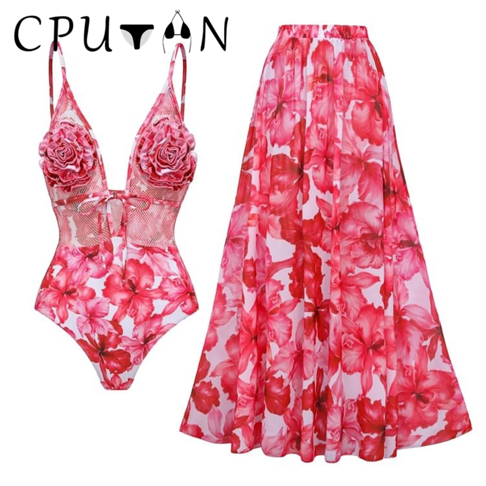 

CPUTAN Sexy 3D Flower Deep V Neck Bikini Set 2024 Swimwear Skirt Women Floral Swimsuit Beachwear Skirt Summer Bathing Suit Dress