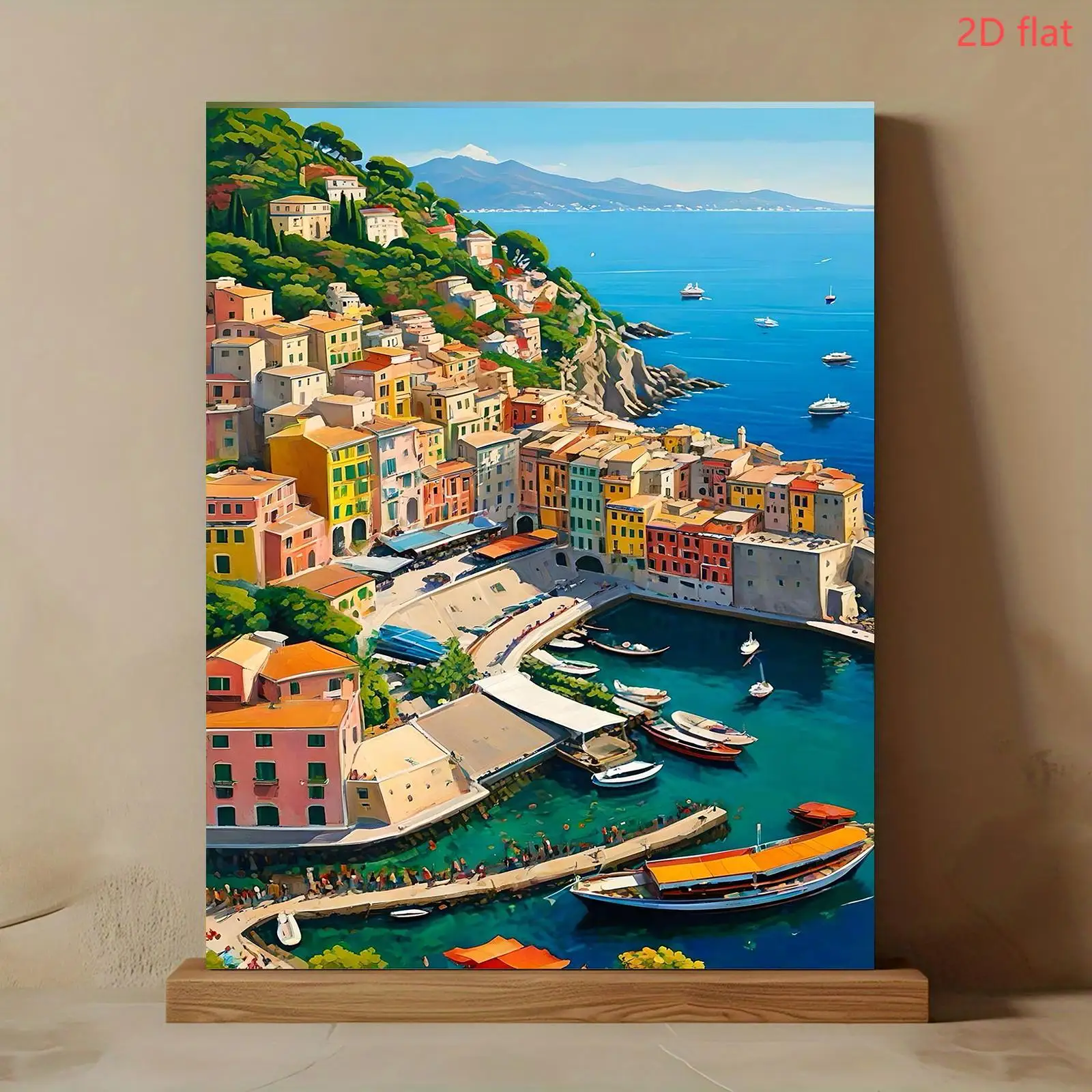 Professional Art Use: A Frameless Adult DIY Digital Oil Painting Kit Featuring a Colorful Mediterranean-style Small Town Harbor