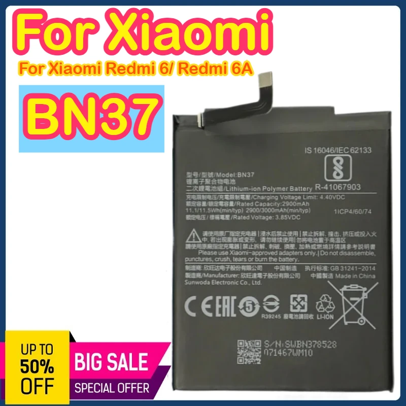 

BN37 3000 мАч 3,8 В аккумулятор для Xiaomi Redmi 6/Redmi 6A Redmi6 Redmi6A Высококачественный аккумулятор для телефона Bateria батареи BN37