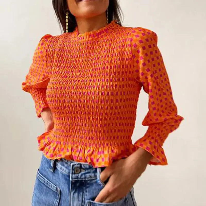 Combhasaki Y2K Aesthetic Plaid Tops for Women Fashionable Casual Round Neck Smocked Blouse Bubble 3/4 Sleeve Ruffled Hem Shirts