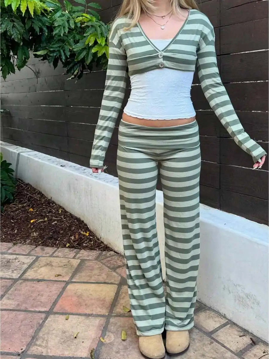 

Retro Striped V Neck Button Crop Long Sleeve Top Casual Daily Wear
