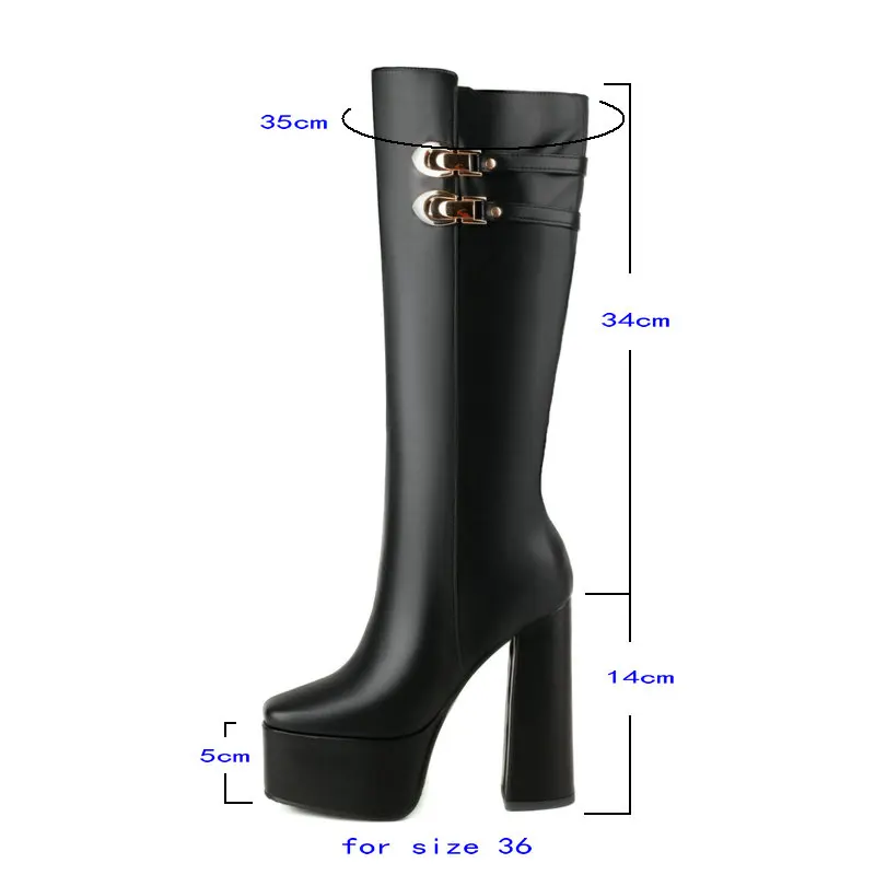 2024 Women Knee High Boots Platform Thick High Heel Ladies Calf Boots PU Leather Square Toe Buckle Zipper Party Women\'s Shoes