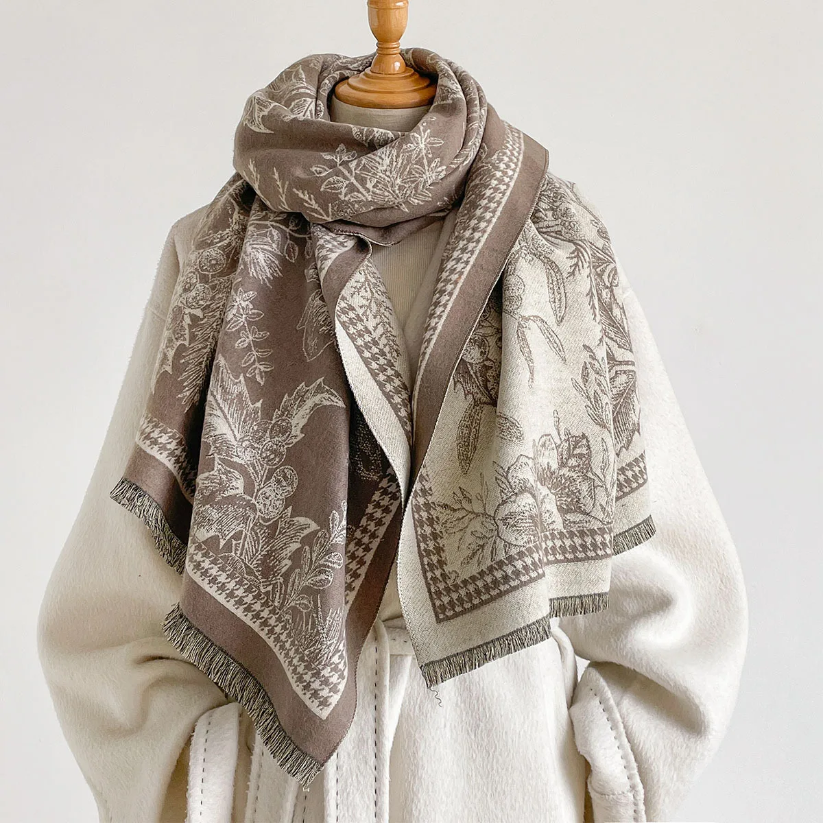 Versatile Faux Cashmere Women Scarf Double Sided Brown Vintage Elegant Art Winter Floral Engraving Large Warm Shawl Wrap