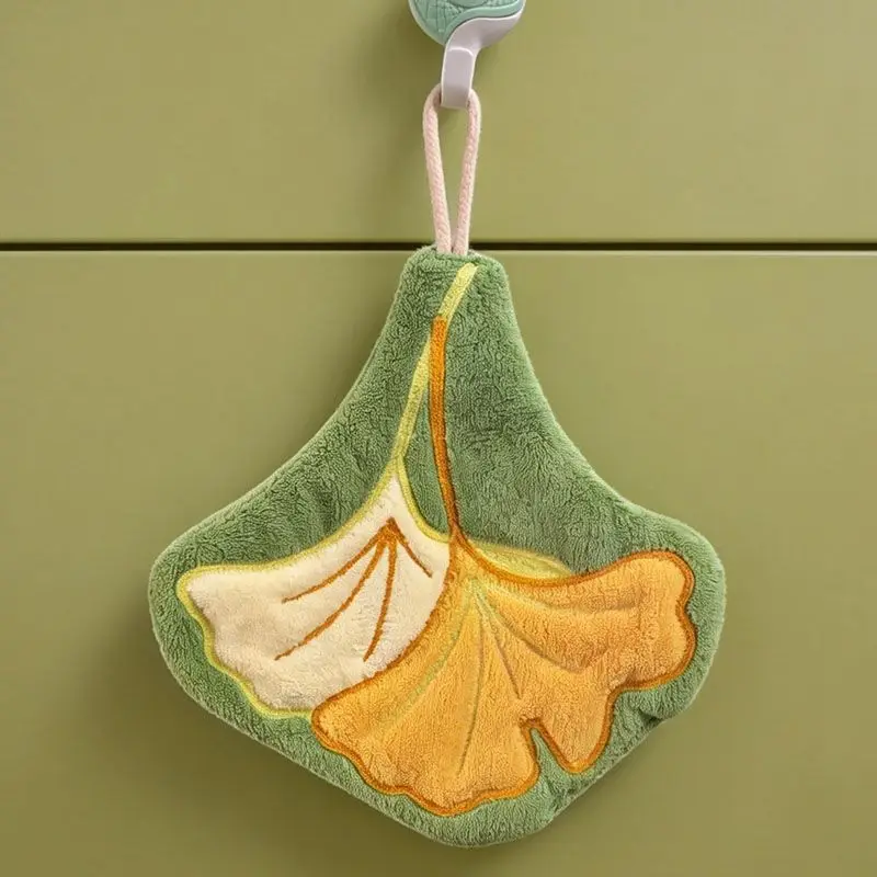Ginkgo Leaf Shaped Hand Towel Soft Coral Fleece Absorbent Hanging for Bathroom Kitchen Quick Dry Cute Decorative Adults Kids
