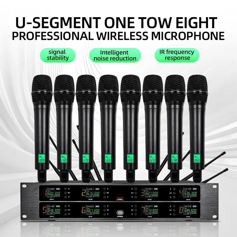 Professional Wireless Microphone UHF 8-Channel Handheld Collar Clip, Conference Microphone Karaoke, Singing Dynamic Microphone