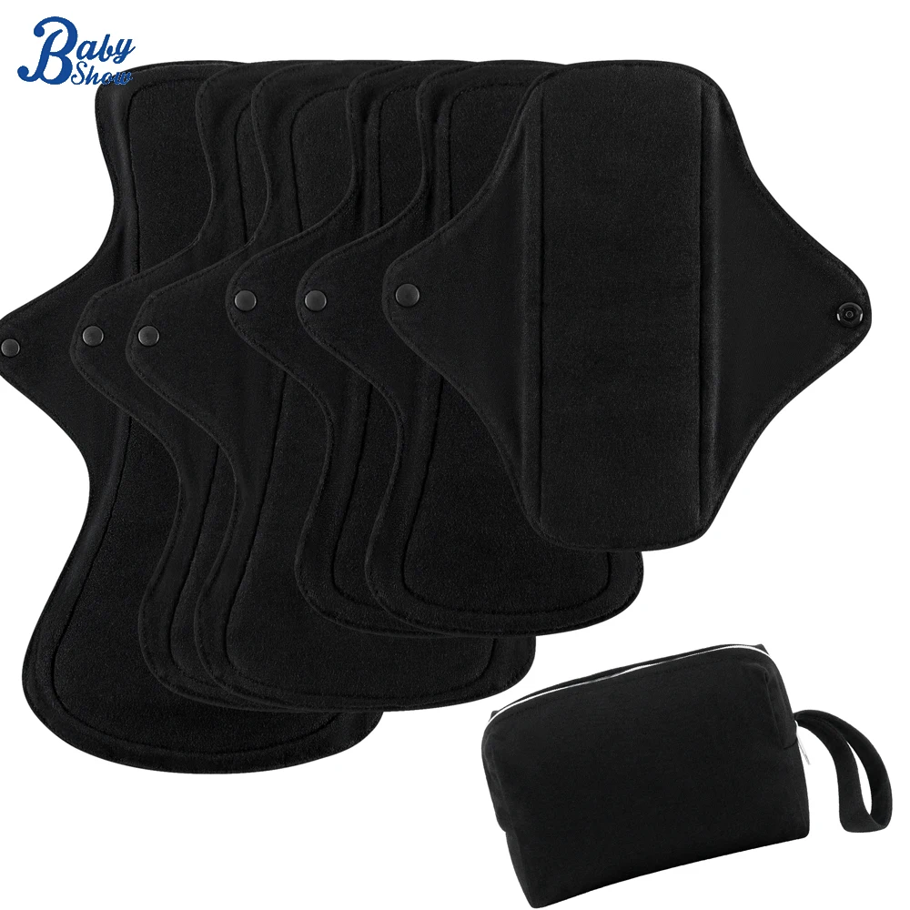 6pcs Reusable Menstrual Pads Heavy Flow Cotton Cloth Washable Sanitary Napkins Towels with 1pc Wet Bag for Postpartum Eldely