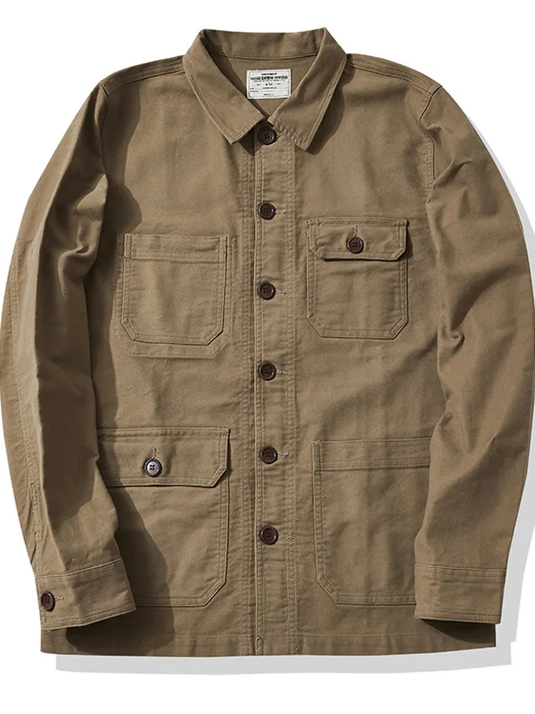 

Retro Heavyweight Moleskin Work Jaet Men's Multiple kets Autumn Outerwear Slim Fit Long Sve Cotton French Sle