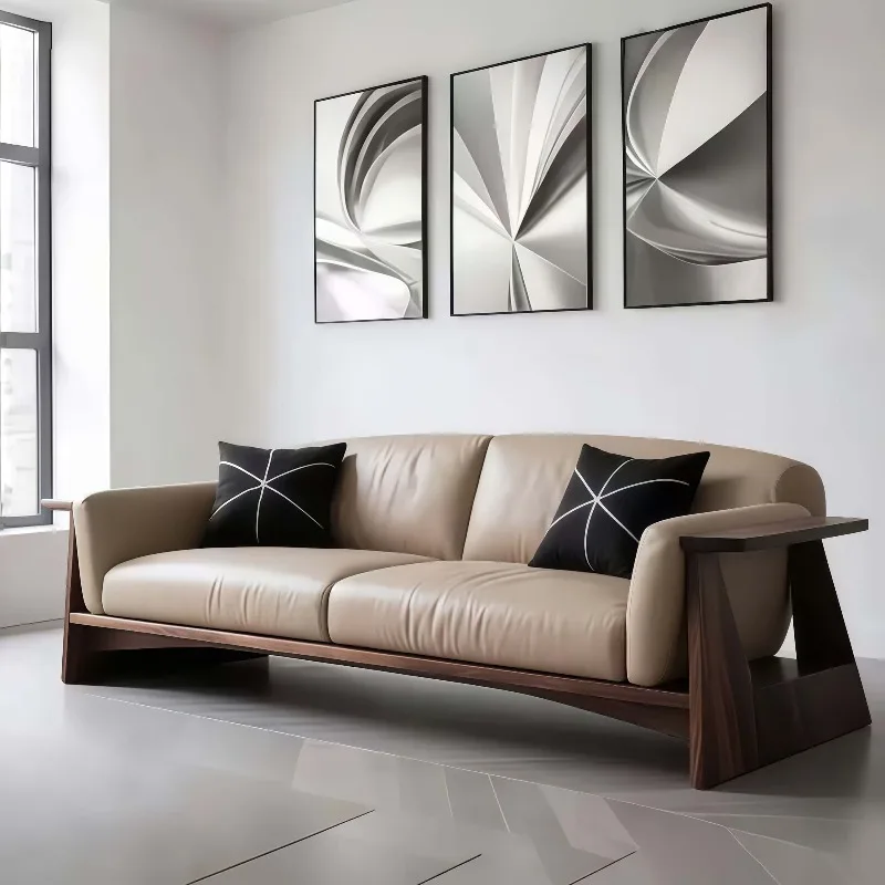 Medieval solid wood sofa 2026 new black walnut modern light luxury living room home leather art straight row three people