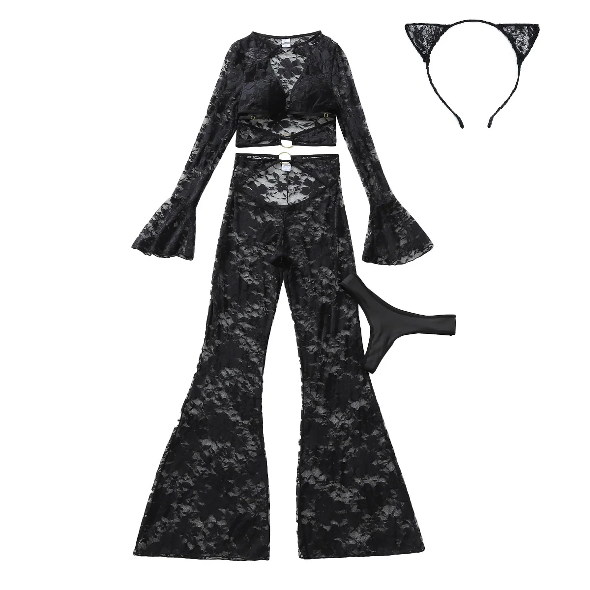 New Design Women's Sexy Lace Transparent Roleplay Cat Costumes Adult Lady Halloween Party Two Pieces Cosplay Lingerie Sets