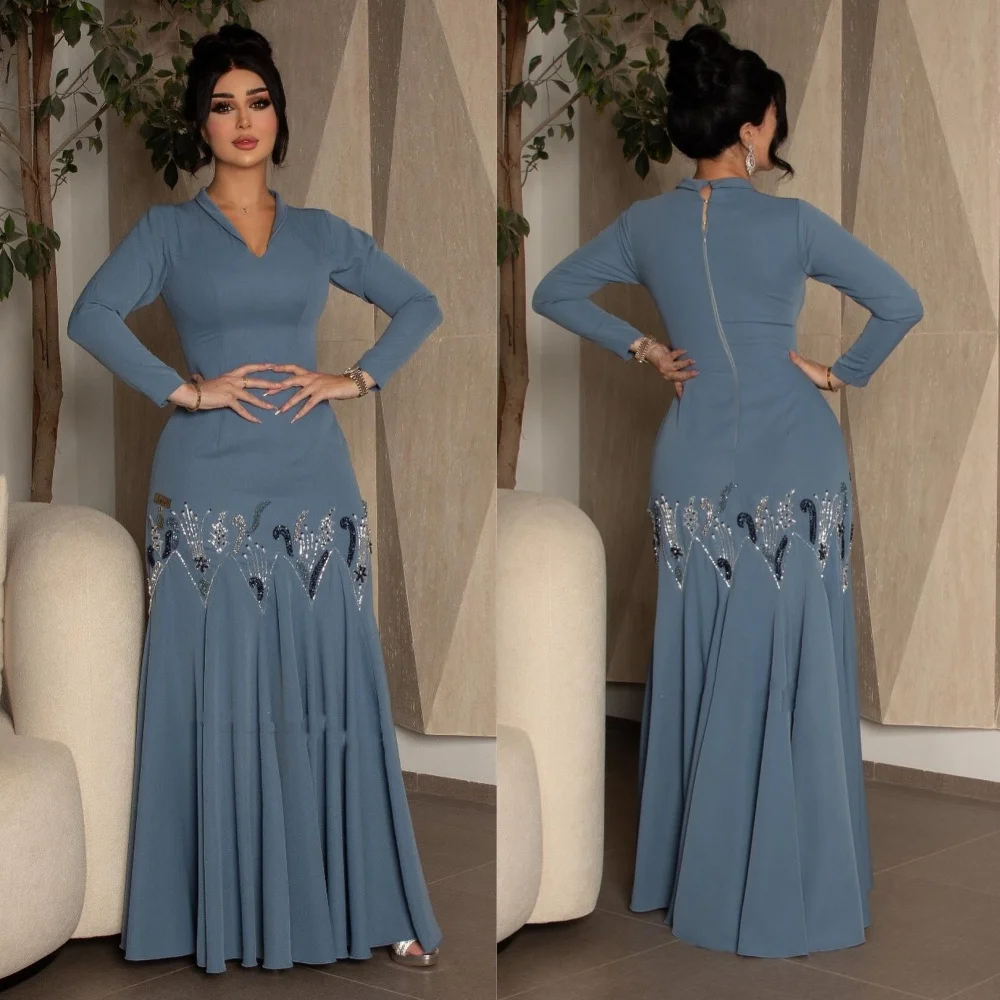   Abendkleid aus Jersey-Muster, Cocktailparty, A-Linie, V-Ausschnitt, maßgeschneidertes Anlasskleid, Midi-Kleider, Saudi-Arabien