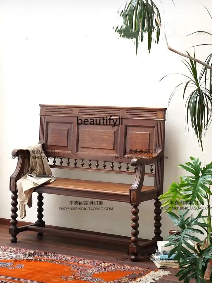 

Vintage Solid Wood Hollow Double Sofa Simple European Retro Distressed Solid Wood Chair French Old Shanghai Bench Church Chair