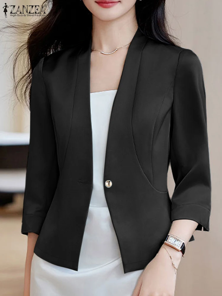 Elegant V Neck 3/4 Sleeve Blazer Casual Office Lady Work Wear ZANZEA Summer Fashion Satin Blouse WomenSpring Solid Outwear